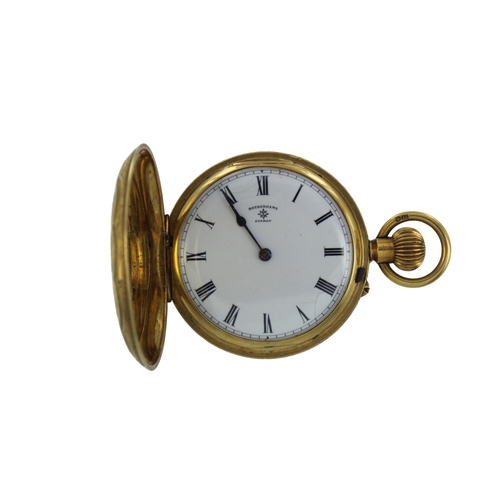 269 - 18ct cased full hunter stem-wind lever pocket watch by Rotherhams, circa 1910. The white enamel dial... 