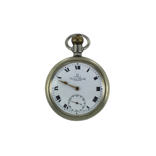 273 - Gents open face stem-wind pocket watch by Omega, retailed by Ham & Huddy. The white enamel dial with... 