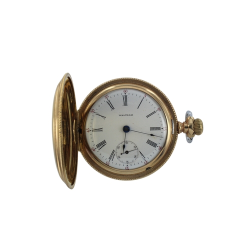 276 - Gents gold plated full hunter stem-wind pocket watch by Waltham, circa 1900. The white enamel dial w... 