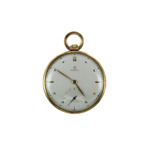 278 - Omega 14ct gold open face keyless pocket watch, circa 1947. The silvered dial with gilt markers, dat... 