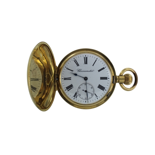 280 - Gents 18ct cased full hunter stem-wind pocket watch. The white enamel dial signed Chronometer with R... 