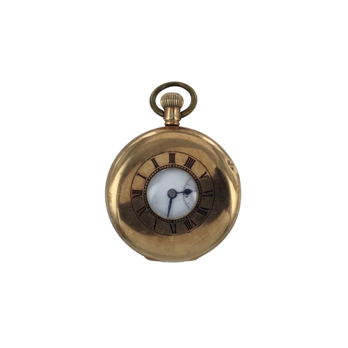 281 - Gents 9ct cased half hunter stem-wind pocket watch, circa 1925. The white enamel dial with Roman num... 