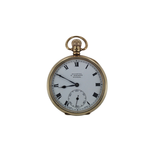 282 - Gents 9ct cased open face stem-wind pocket watch by Stayte, circa 1928. The white enamel dial with R... 