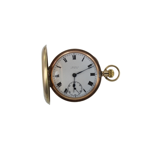 285 - Gents 9ct cased half hunter stem-wind pocket watch, Glasgow import marks 1923. The white enamel dial... 