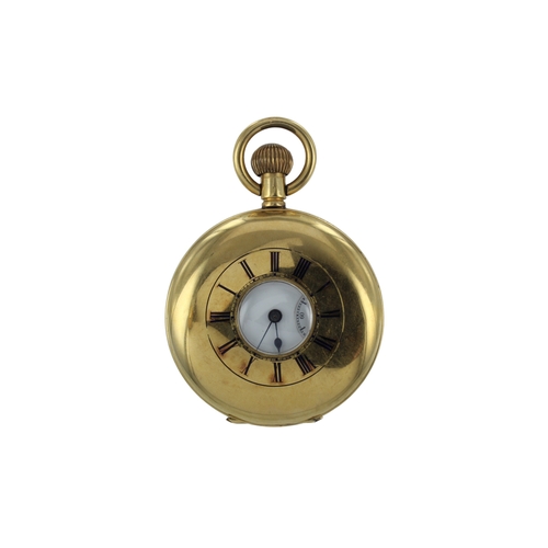 287 - Gents 18ct cased half hunter stem-wind pocket watch. The white enamel dial with Roman numerals, subs... 