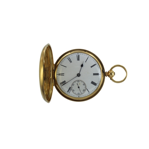 289 - Gents 18ct cased hunter pocket watch, hallmarked London 1879. The white enamel dial with Roman numer... 