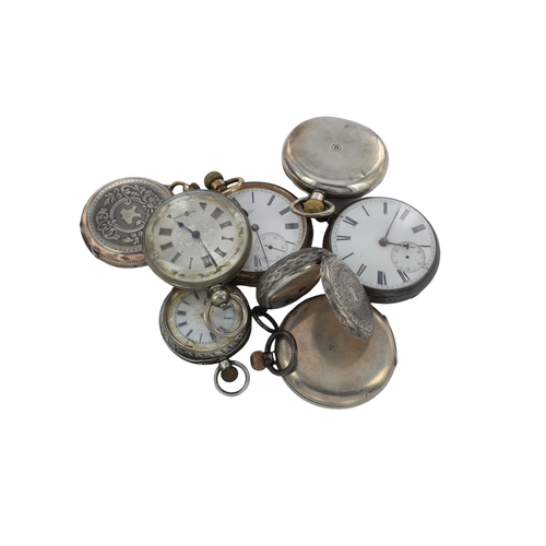 308 - Assortment of eight pocket watches, to include seven silver cased examples and one gold plated. Case... 