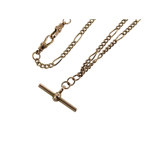 311 - 9ct rose gold Albert chain, figaro links, attatched one T-bar and two dog clips. Length 20