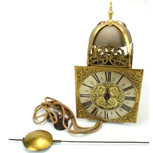 324 - Brass lantern clock, ornately decorated square dial, Roman numerals to chapter ring, marked 'Jos. Fo... 