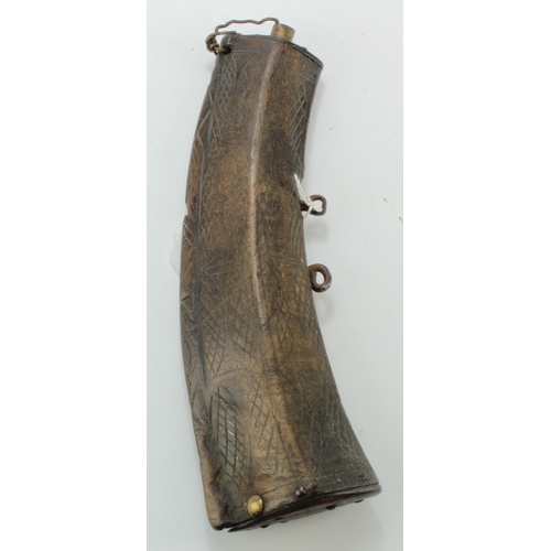 100 - Powder horn made from a mouflon ram’s horn, early 19th century, Mediterranean, decorated with carved... 