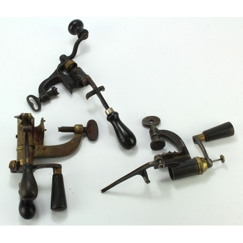 104 - Reloading roll-turnover 12-gauge vertical bench-mounted tools, group of three, circa 1880s, being 1)... 