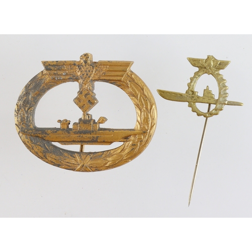 1102 - German U Boat badge (R.S. maker mark) and old comrades stickpin.