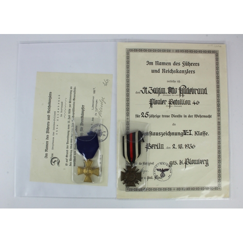 1140 - German WW2 25 Year Army Service medal and Cross of Honour medal both come with award scrolls to Otto... 