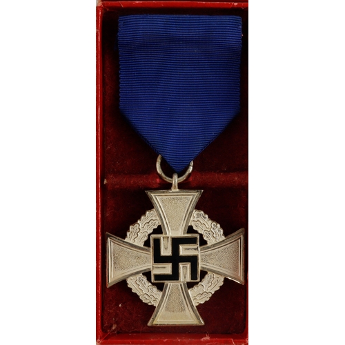 1141 - German WW2 25 Year Faithful Service medal in box with award document to magistrate Gustav Germershei... 