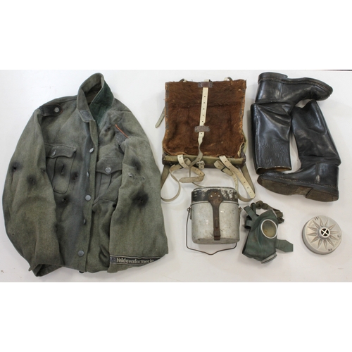 1154 - German WW2 equipment including Zeltban, Jack boots , water bottle, back pack,  gas mask,  German SS ... 