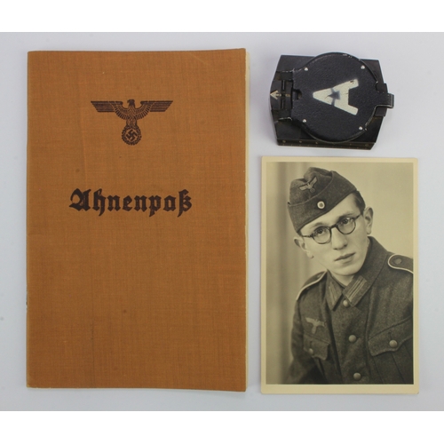 1172 - German WW2 pocket compass with Nazi booklet and photo.