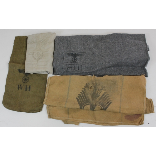 1173 - German WW2 Ration sacks and other sacks with a German blanket all stamped with the German eagle.