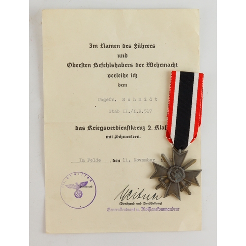 1179 - German WW2 war merit cross 2nd class with award document to Obgefr Schmidt stab II ./I.R .517 awarde... 