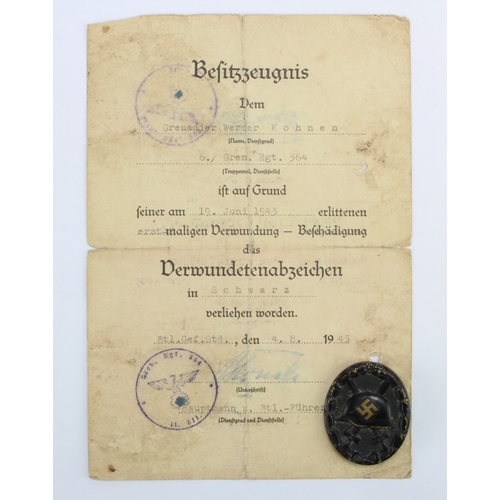 1182 - German WW2 wound badge in black with award document to Grenadier Werner Kohnen  6./ gren.rgt .364 da... 