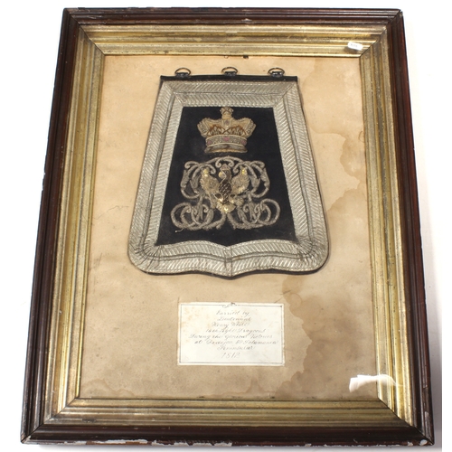 138 - 14th Light Dragoons Officers Sabretache in old frame, labeled carried by Lieutenant Henry White duri... 