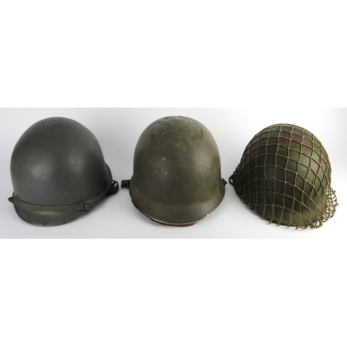 145 - American Helmets (x3) two with liners, one just the shell with Camo Netting