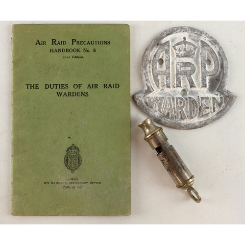 150 - ARP WW2 Beccles, Suffolk documents ARP badge, plaque and whistle.