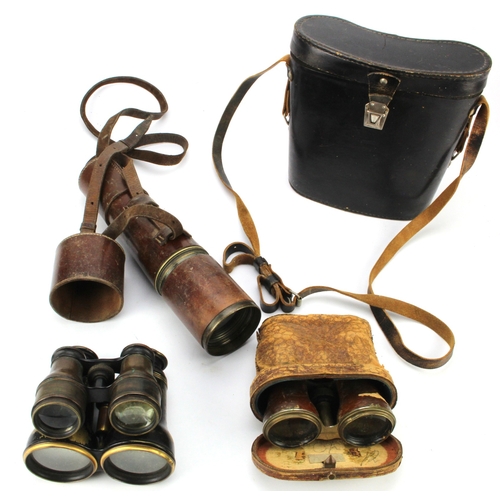 186 - Binoculars (x4) and a leather cases Telescope by 'Broadhurst Clarkson & Co'.   (5)