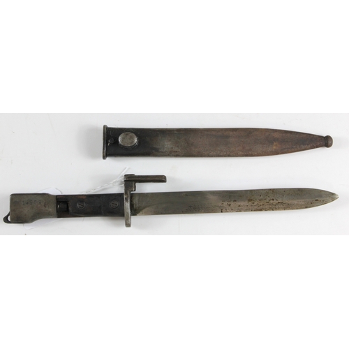 19 - Belgium M1853 F.N.FAL bayonet in its steel scabbard, worn condition, 1cm loss to grip wood