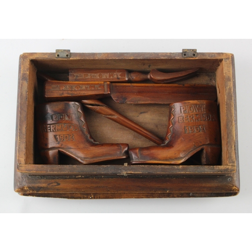 191 - Boer War Prisoner of War made pieces housed in a wooden box a/f 'Made by P.O.W. F J G Vercueil'. Sho... 