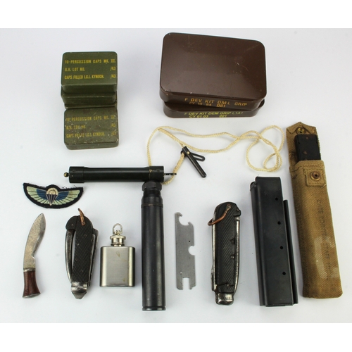 202 - Box of interesting small items to include WW2 Pere Cap, tins, folding knives, Dem Tins, etc etc  (Qt... 