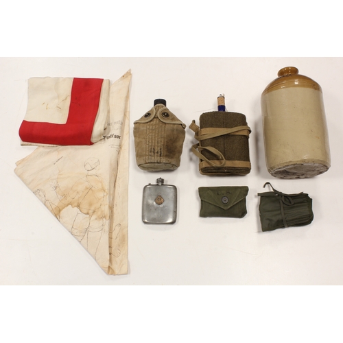 203 - Box of mixed Militaria including an SRD bottle, a water bottle, Red X flag, German illustrated arm b... 