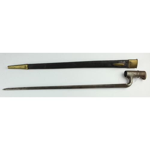 28 - British Victorian Bayonet with leather and brass scabbard, leather stamped arrow 'W D'. Blade marked... 