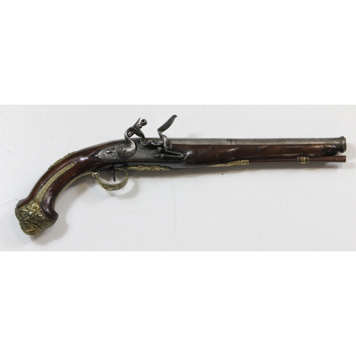 39 - Flint lock late 18th century French pistol lock signed Paris with embossed pommel, trigger guards, s... 