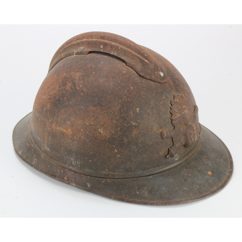 435 - WW1 French Adrian pattern helmet with some original blue paint, no lining chin strap.