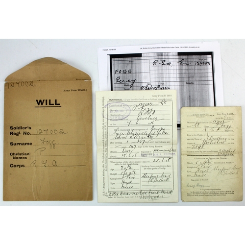 441 - WW1 original paperwork for 127002 Gnr Percy Fogg RGA. Including a very unusual official 'Will' envel... 