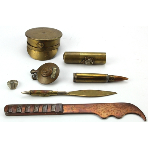 453 - WW1 Trench Art inc 6 Western Canada, 1916 Bazentin-Le-Petit, etc, and a WW2 1943 Tunis ring  (7)