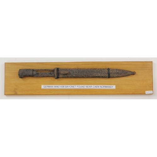 47 - German battled find K98 bayonet still in its scabbard found near Carn Normandy mounted on board for ... 