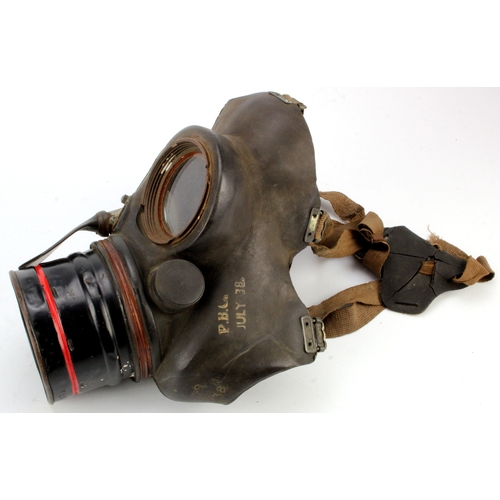 470 - WW2 era gas mask made by BW & M Ltd 1937 and stamped 'P.B.C. July 38'.   No reserve