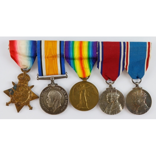 505 - 1914 star trio, 1935 Jubilee GV and 1937 Coronation medals. Lieut H T Stebbing RGA, Captain on pair,... 