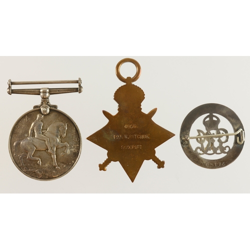 508 - 1915 Star & BWM (4805 Pte W Ritchie Sco: Rif:) with Silver War Badge 95176 for Wounds