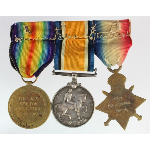 516 - 1915 Star Trio (17429 Pte A E Barnes Norfolk Regt) served 8th Bn, born Oxwick, East Dereham, Norfolk... 