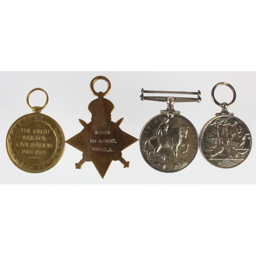 517 - 1915 Star Trio (240289 Pte J Smart Yorks L.I.) pair '2372', with GVI Imperial Service Medal (James S... 