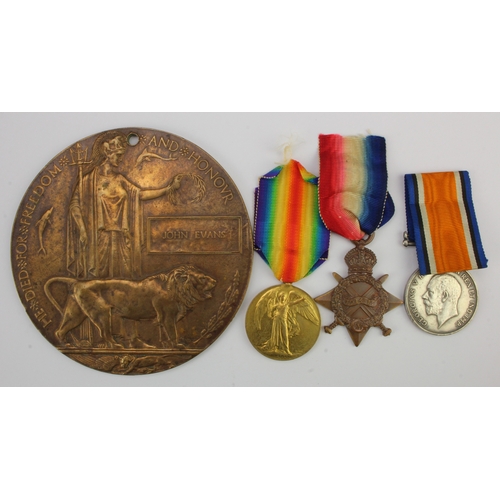 521 - 1915 Star Trio (6031 Pte John Evans Ir.Gds) with Death Plaque. Killed in Action 27/11/1917 with the ... 