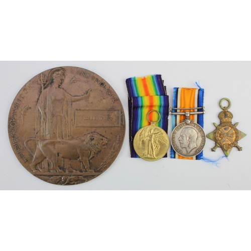 525 - 1915 Star Trio + Death plaque for 1168 Pte Leslie Wiles Camb R, Killed in Action 14/6/1918 with the ... 