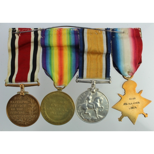 527 - 1915 star trio 13089 Pte A.S.Hines Linc R, GVI Special Constabulary LS&GC, along with letter from MO... 