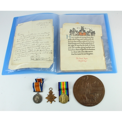 528 - 1915 Star Trio and Death Plaque + Scroll for (4492 Pte Ernest E Hague 1/4th Norfolks) on the Jerusal... 