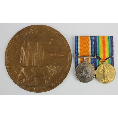 547 - BWM & Victory + Death Plaque for 34662 Pte Harry Ford 11th Bn Essex Regt, Killed in Action 22/4/1917... 