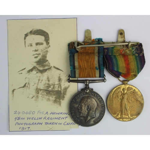 561 - BWM & Victory Medal (2664 Pte A Hawkins Welsh R)