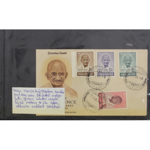 214 - India 1948 (15 Aug) Mahatma Gandhi FDC with set of 4 stamps. Illustrated envelope with 3 neat Calcut... 