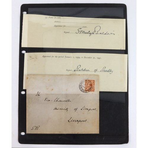 29 - Stanley Baldwin hand signed piece, another signed 'Baldwin of Bewdley', with original envelope sent ... 